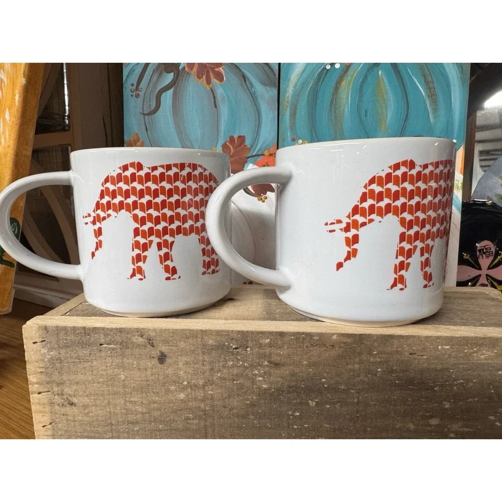 Room Essentials ELEPHANT Red Orange 2 Coffee Mugs Cups Ceramic RE TARGET 12oz.